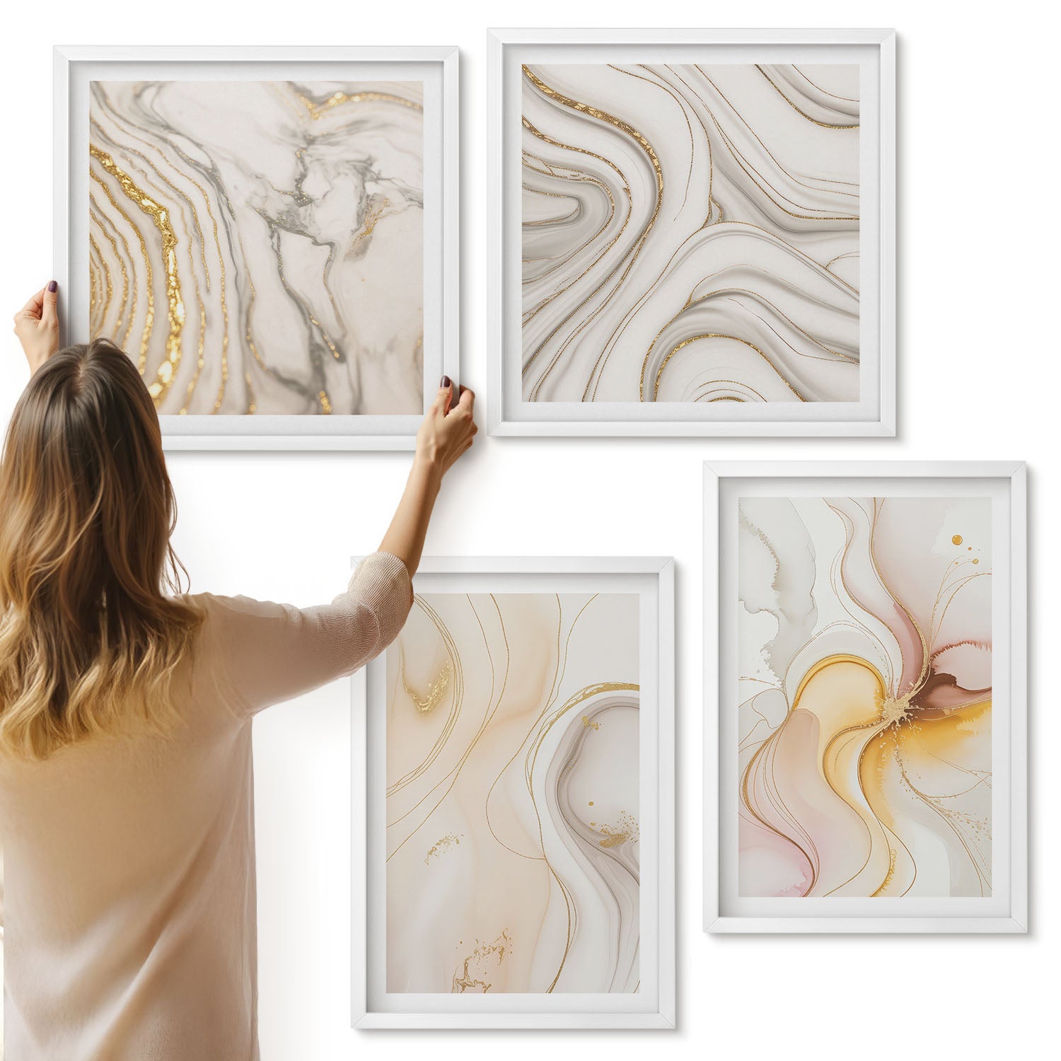 Galeria ścienna 4-częściowy komplet obrazów w białych ramach - Abstrakcyjne ciepłe wzory eleganckie motywy - ArtPrintCave