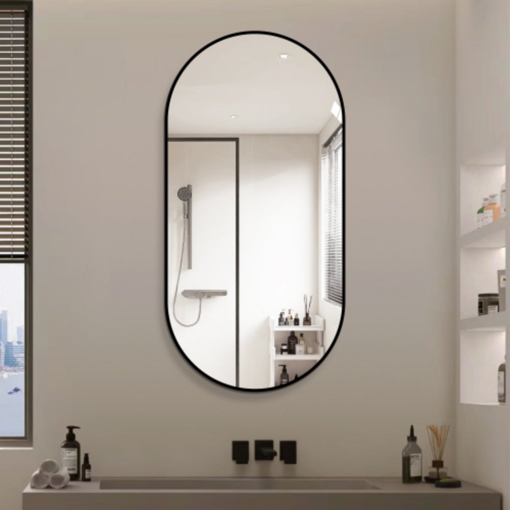 Łukowate lustro ścienne 60×120 cm z czarną aluminiową ramą – srebrne lustro HD bez miedzi