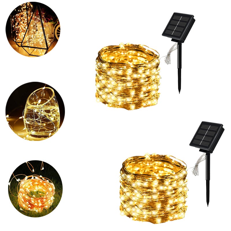2 szt. 30m 300 LED zewnętrzne słoneczne lampki sznurkowe wodoodporne, słoneczne lampki choinkowe, 8 trybów na dziedziniec, do ogrodu (ciepła biel)