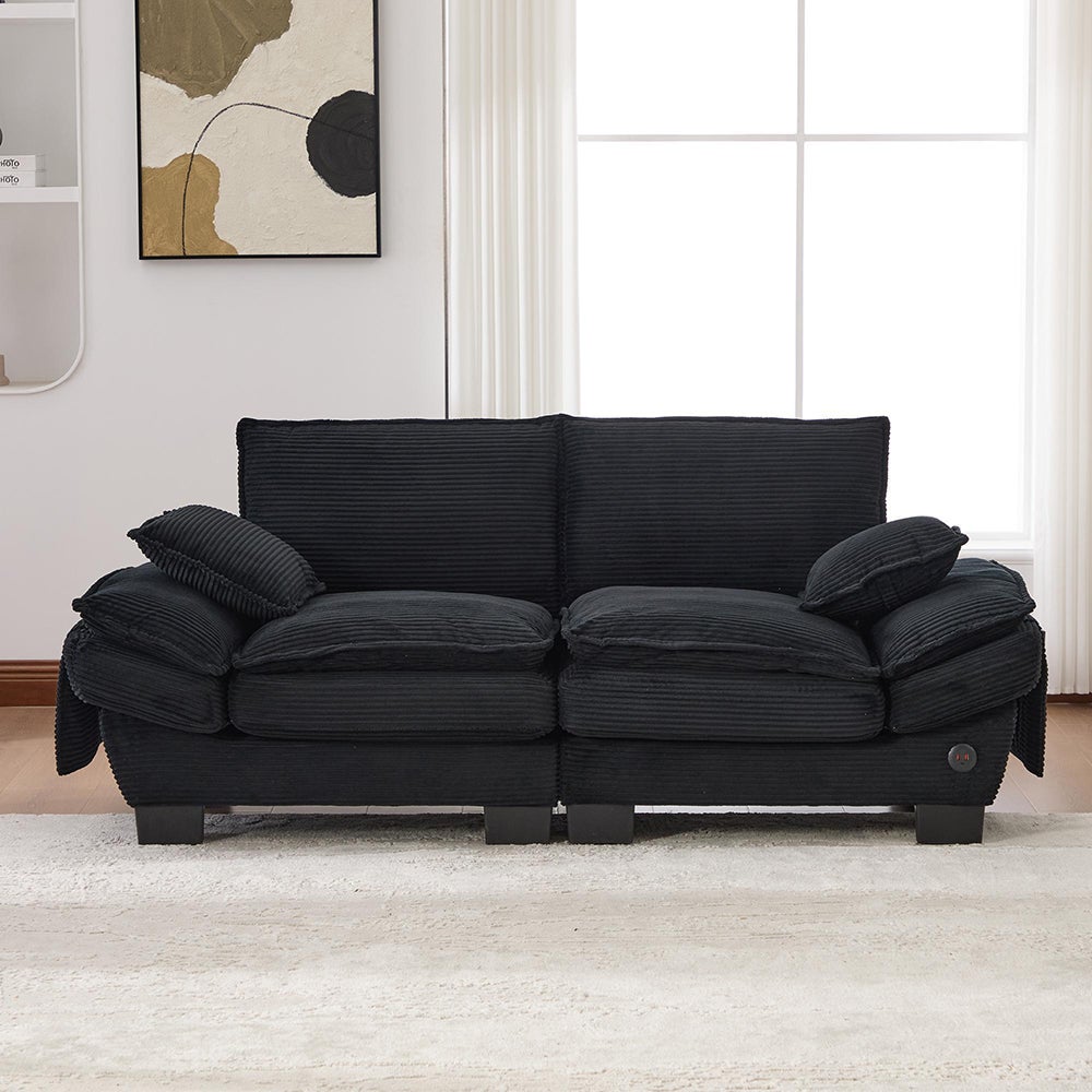 Dwuosobowa sofa z tkaniny w kratę, z wypełnieniem z pianki o wysokiej gęstości, portem USB-C i kieszeniami bocznymi, czarna