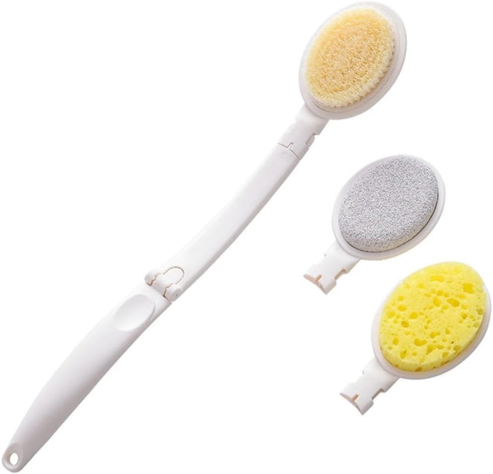 Szczotka do ciała - Szczotka do pleców pod prysznicem - Szczotka 3 w 1 z długą składaną rączką - 3 wymienne głowice (gąbka, nylon, pumeks)