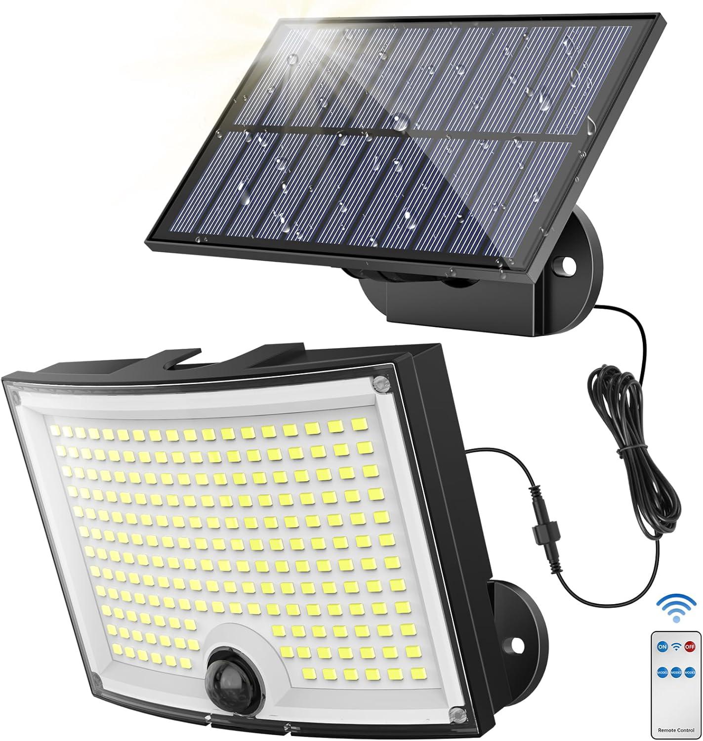 Lampa słoneczna zewnętrzna z czujnikiem ruchu【202 LED | 3 tryby | 210° oświetlenie | IP65】 Lampa solarna zewnętrzna | Spot LED zewnętrzny | Projektor