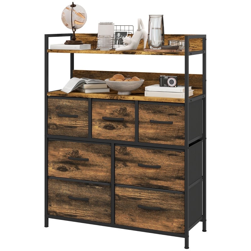 Komoda HOMCOM-7 składanych szuflad-materiałowa komoda przechowywania-stalowa rama-rustykalny brąz-sypialnia salon-półki