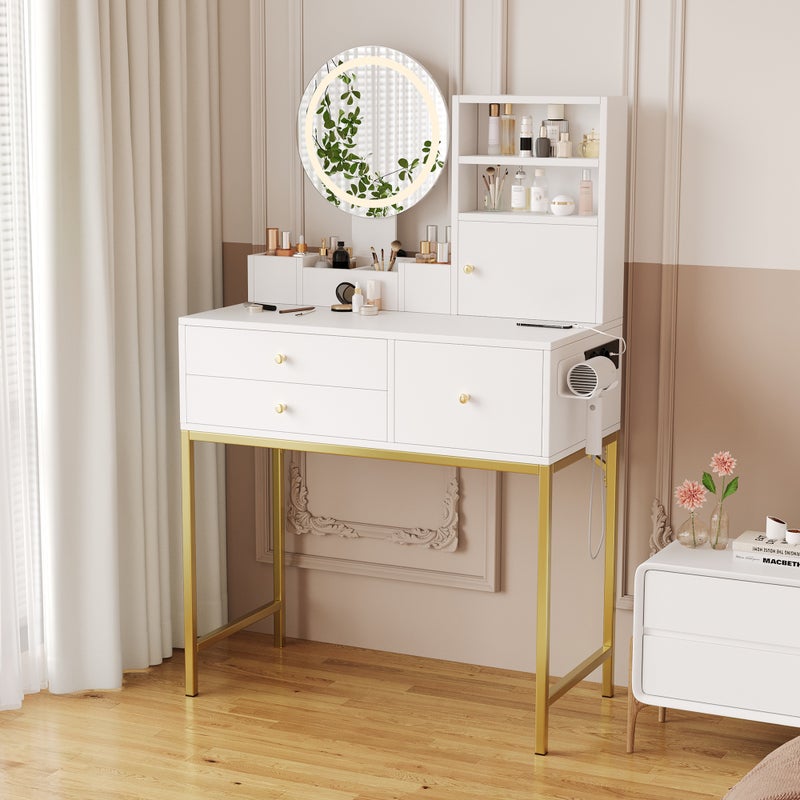 Toaletka z lustrem 134 x 40 x 80 cm - z regulowanym oświetleniem LED - z 3 szufladami i 1 drzwiami - z otwartymi półkami - biała
