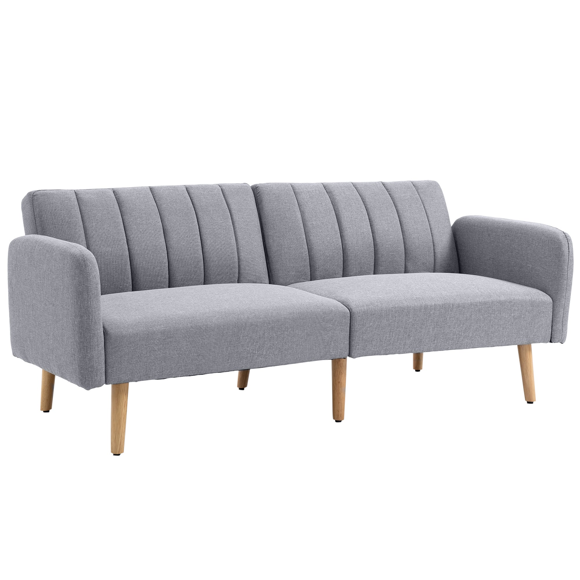 Rozkładana sofa dwuosobowa, 173x75x73 cm, z oparciem regulowanym w trzech pozycjach i zdejmowanymi podłokietnikami, w kolorze szarym.