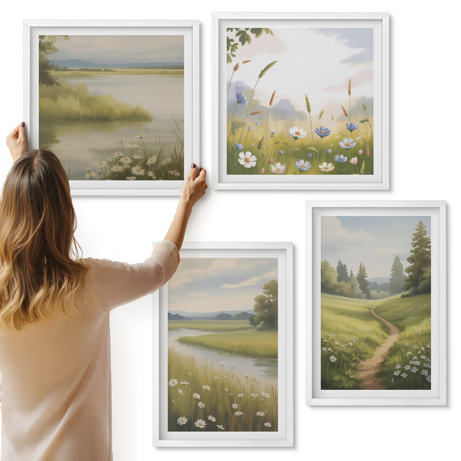 Galeria ścienna 4-częściowy komplet obrazów w białych ramach - Wiosenny krajobraz z rzeką ścieżką i łąką kwiatów - ArtPrintCave