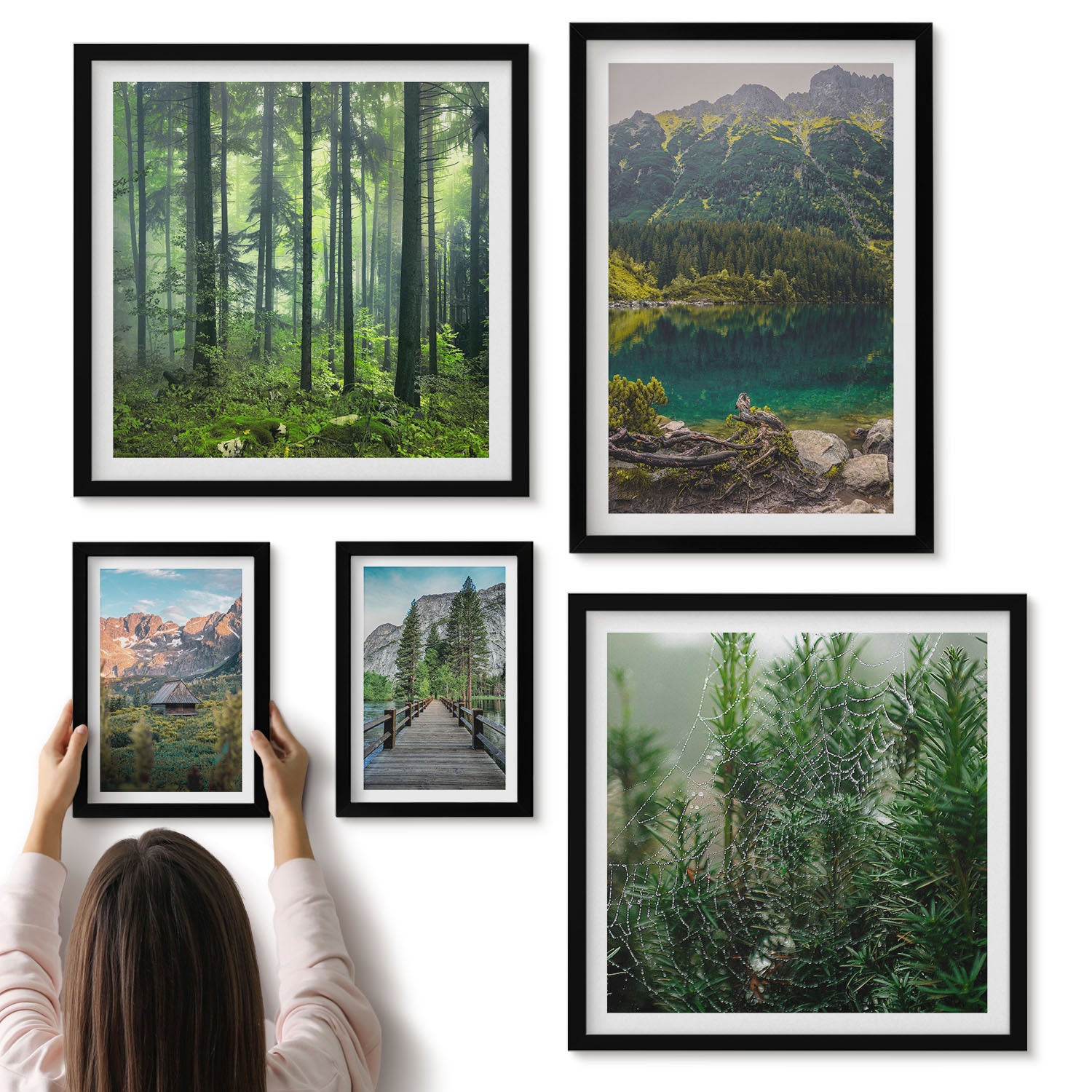 Galeria ścienna 5-częściowy komplet obrazów w czarnych ramach - Krajobrazy natury z górskimi widokami i lasami - ArtPrintCave