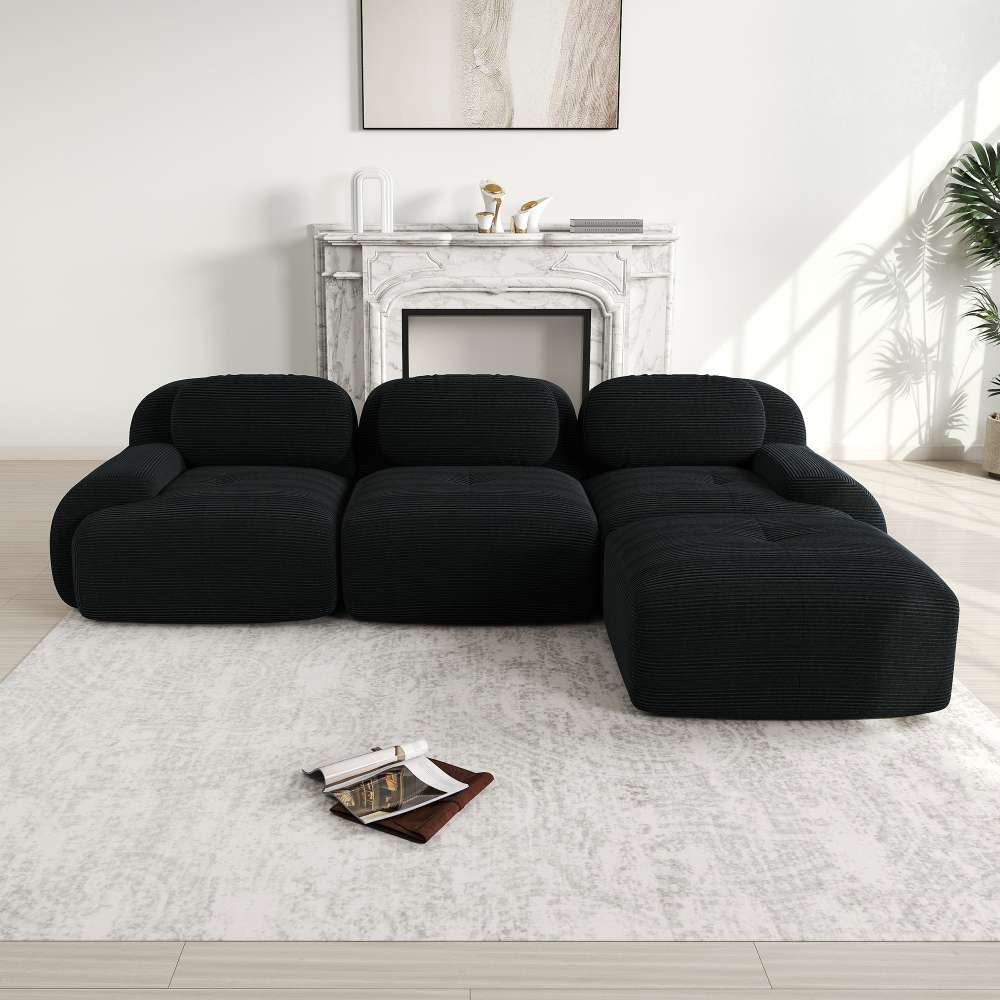 Narożna sofa modułowa, nie wymaga montażu, ergonomiczna, tapicerka z kordu, przyjazna dla zwierząt, wypełnienie 32D