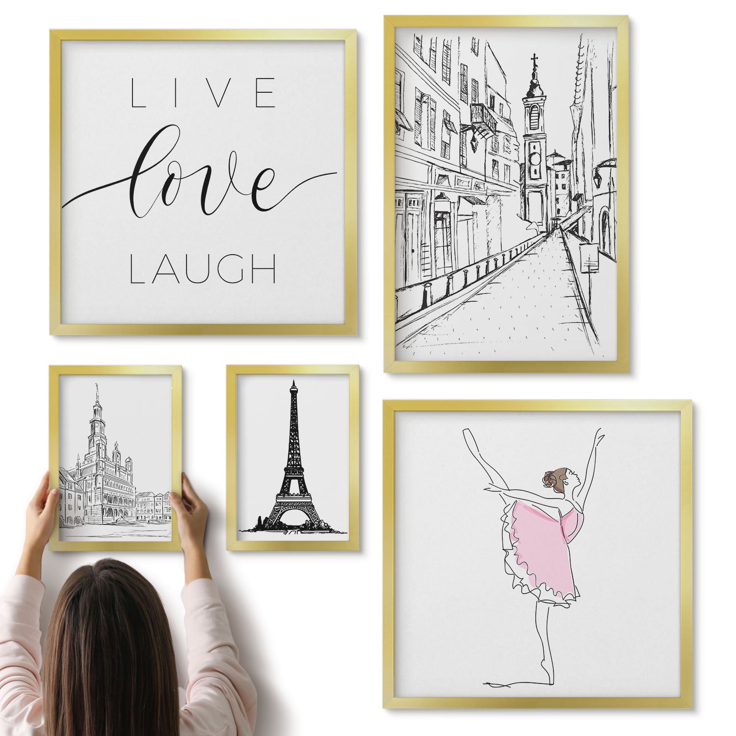 Galeria ścienna 5-częściowy komplet obrazów w złotych ramach - Stylowe inspiracje z paryskimi akcentami i cytatami - ArtPrintCave