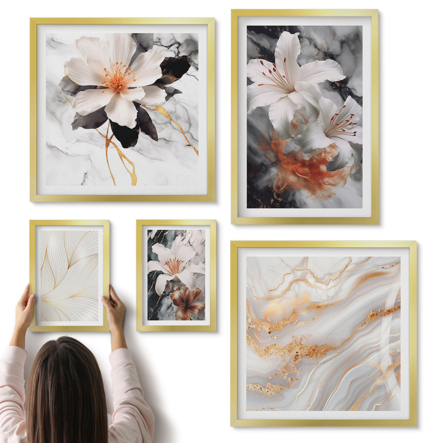Galeria ścienna 5-częściowy komplet obrazów w złotych ramach - Kwiatowe motywy na tle marmurowym w eleganckim stylu - ArtPrintCave