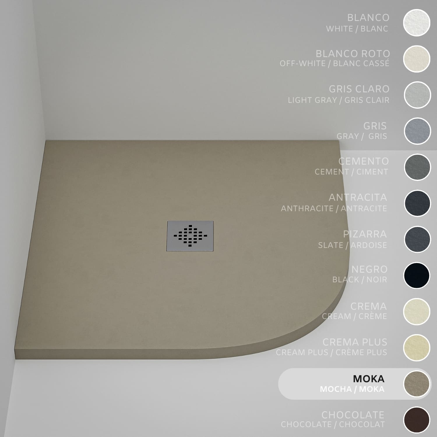 Brodzik półokrągły SOULHOME Żywica i Konglomerat Mineralny Antypoślizgowy 90x90 cm Moka - Kratka Inox