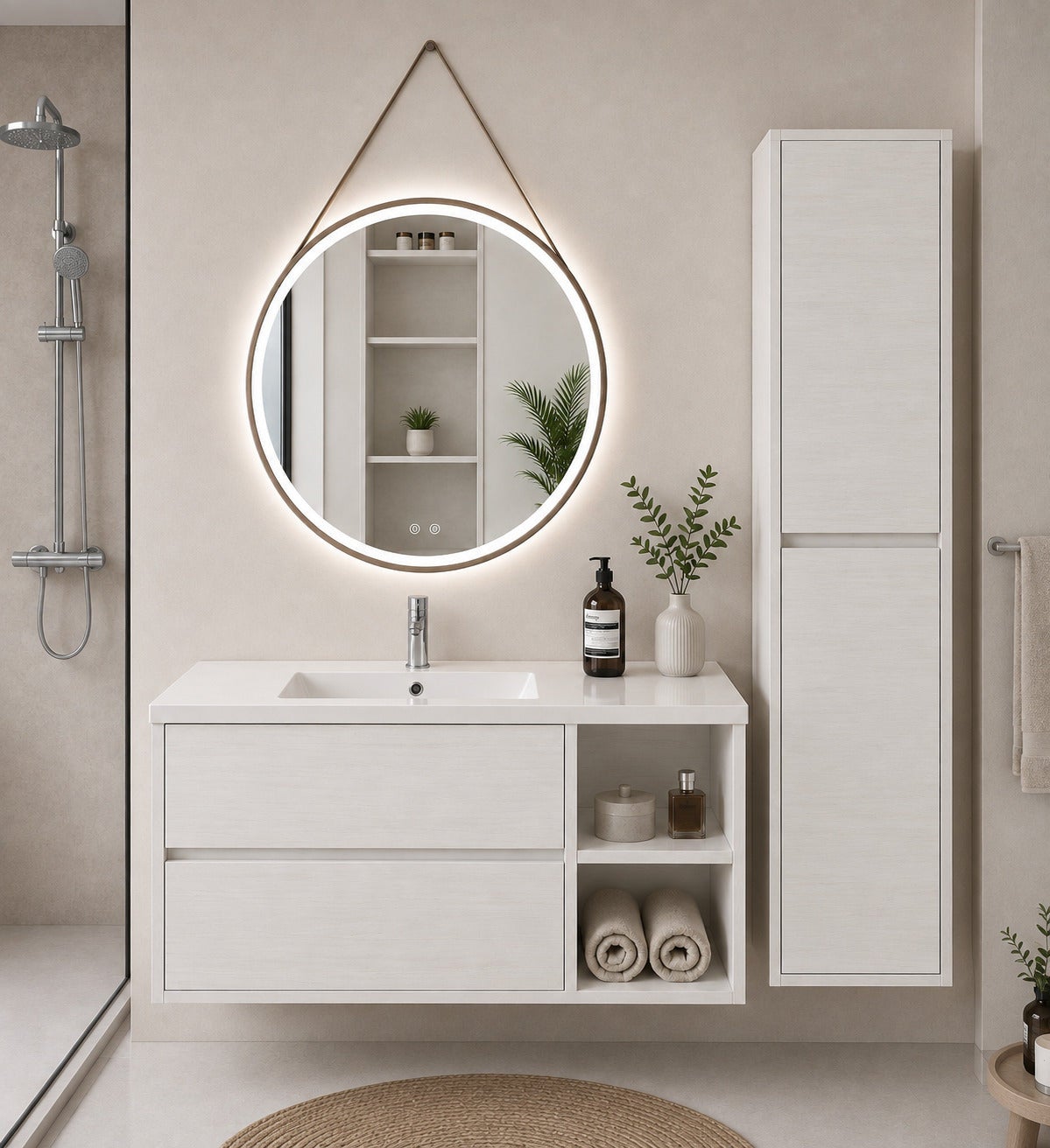 Szafka łazienkowa z umywalką ORIGENBATH ZEUS bez lustra 70x40 cm Prawa strona biały nordycki z kolumną