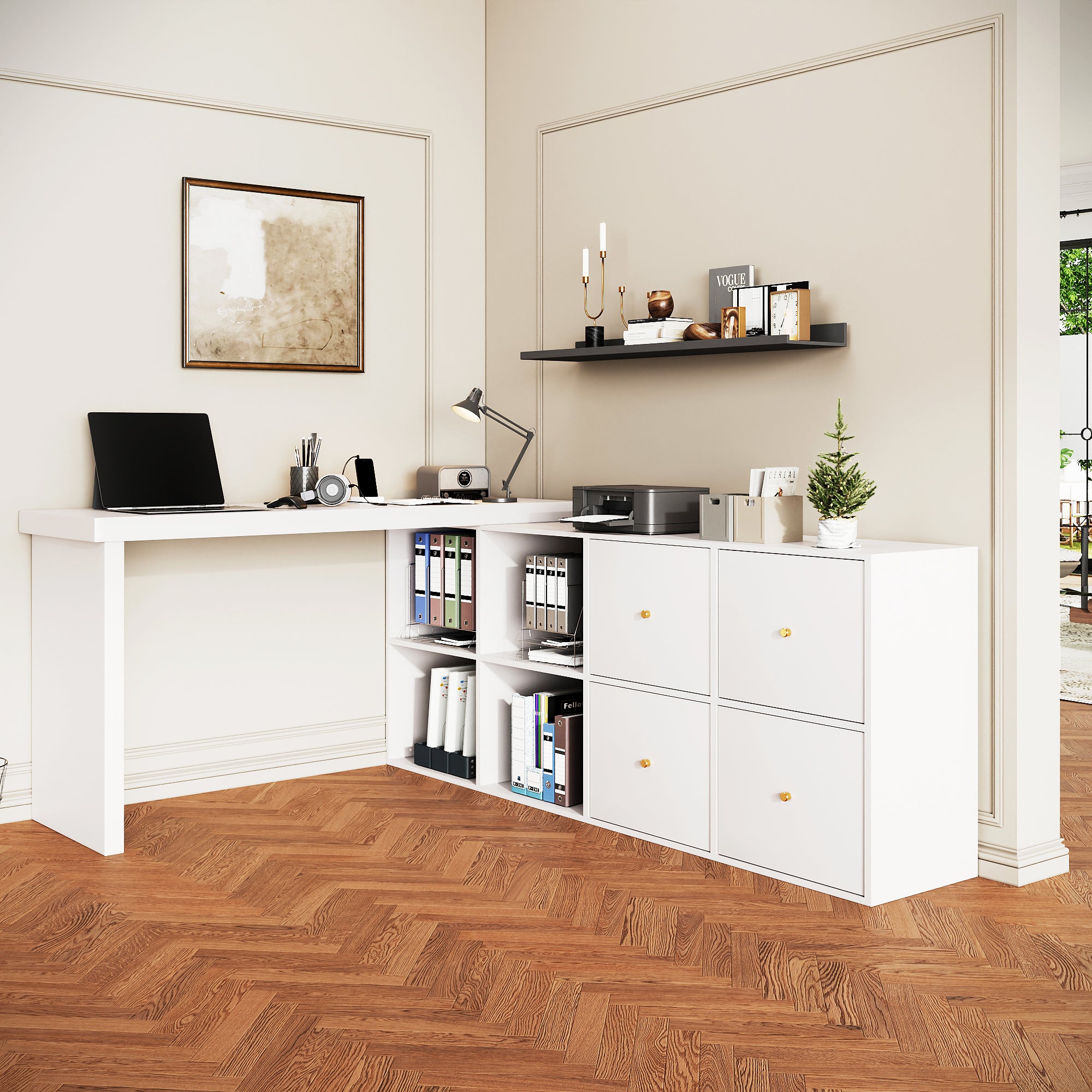 Stół obrotowy 360° - 120x48x78 cm + 140x35x74 cm - Z 4 szufladami - 4 przegródkami - Płyta MDF - Biała