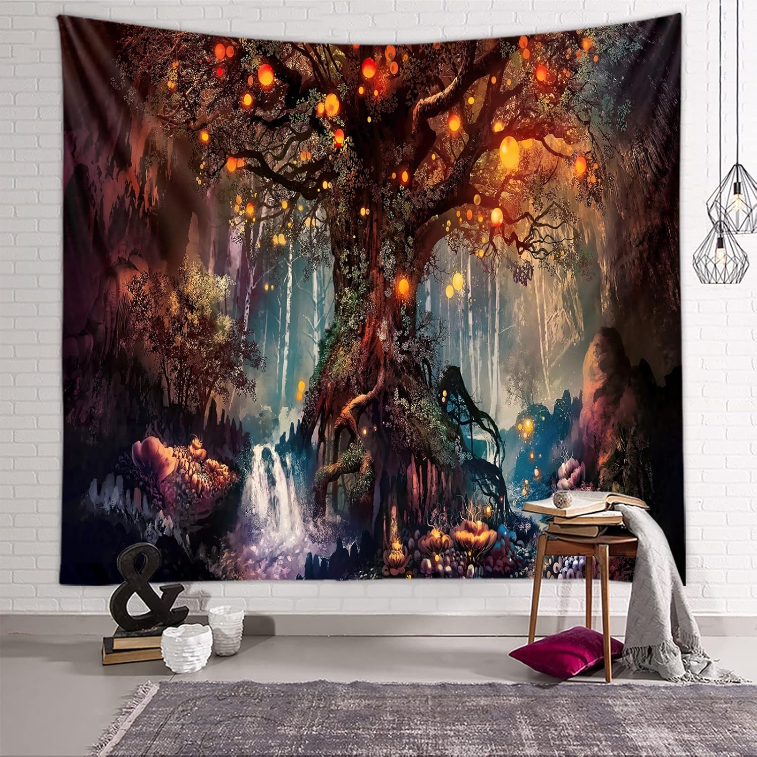 70,8*90 cali, gobelin ścienny Drzewo Życia, psychodeliczny gobelin, wodospady pod starożytnym drzewem, dekoracja ścienna z motywem wróżki