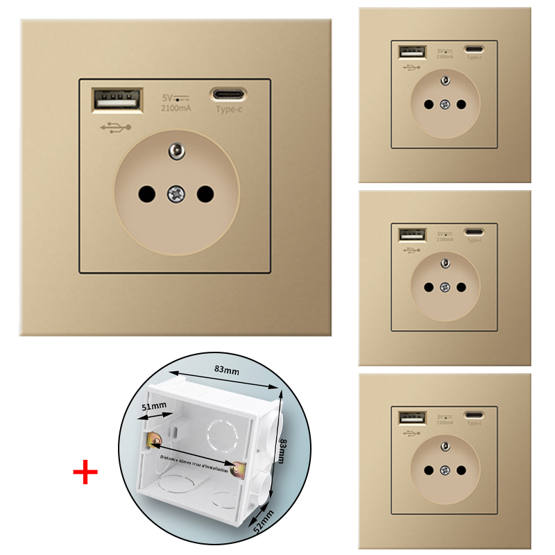 Zestaw 4 gniazd ściennych z USB i Type-C, 5 V 2,1 A, standard UE, podtynkowe gniazdo USB, listwa zasilająca z puszką montażową, 110-250 V (złoty)