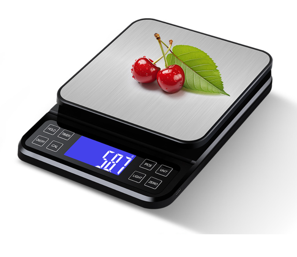 Czarno-srebrna duża waga kuchenna, dokładność 0,1 g, waga piekarnicza 5 kg z funkcją procentową, ładowana przez USB