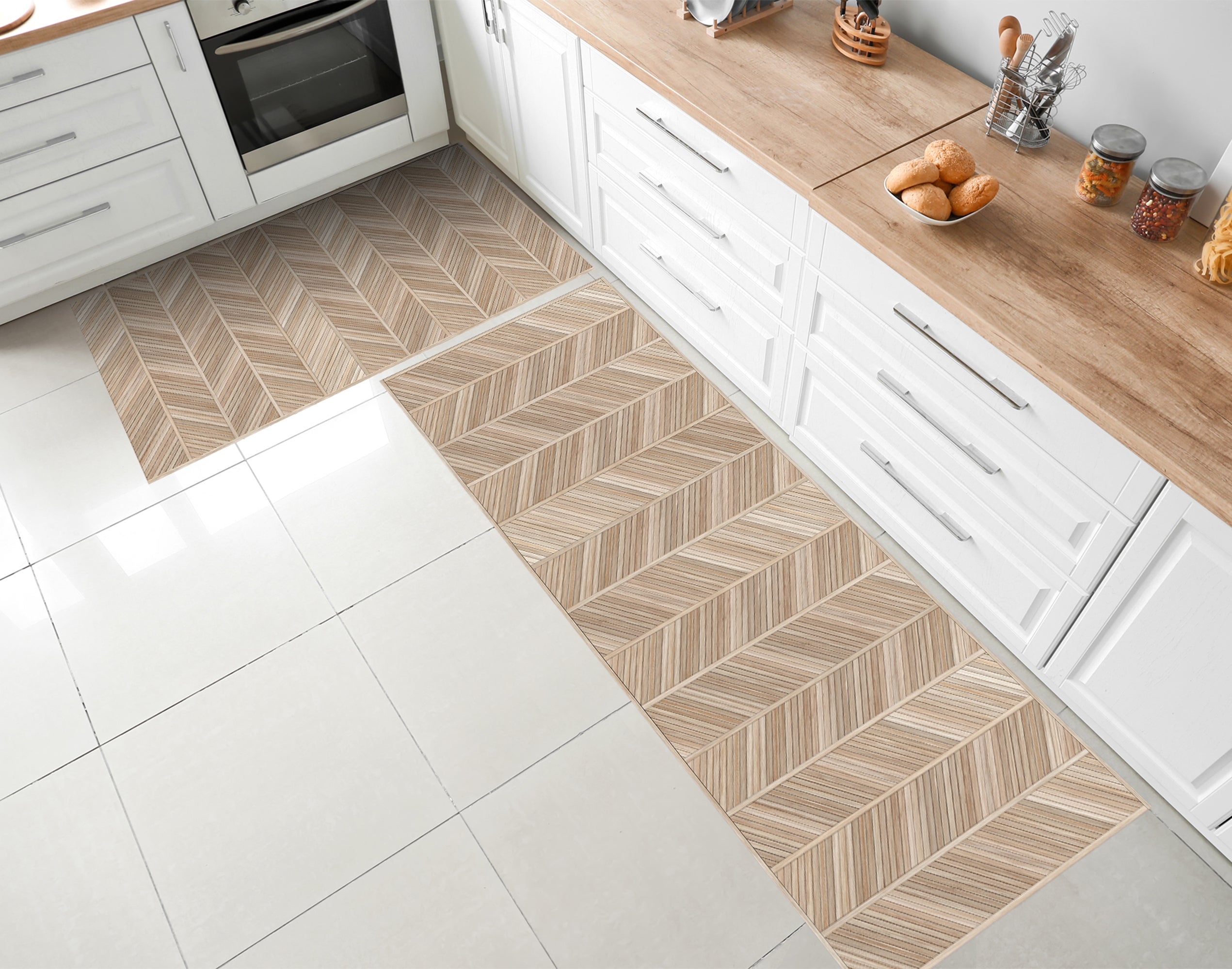 Winylowy dywanik drewniany chevron Japandi 66x180 cm - PVC antypoślizgowy, gładki nadruk, winylowy dywanik do kuchni lub salonu, zmywalny