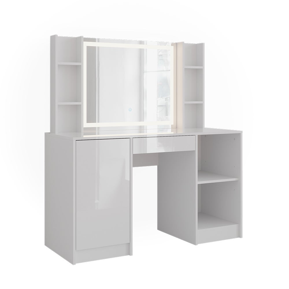 Vicco Stół toaletowy Sherry, Biały/Biały wysoki połysk, 128.2 cm z lusterkiem LED