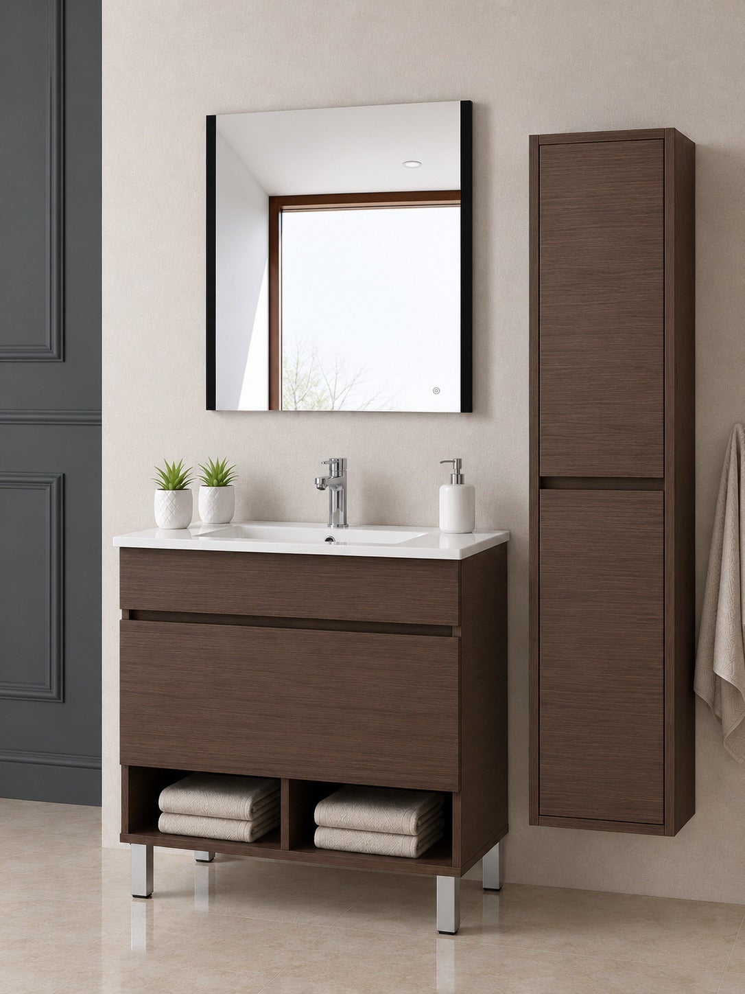 Szafka łazienkowa na nóżkach z umywalką ORIGENBATH NEBARI na nóżkach z szufladą z kolumną 60x35 cm jesion tea z kolumną