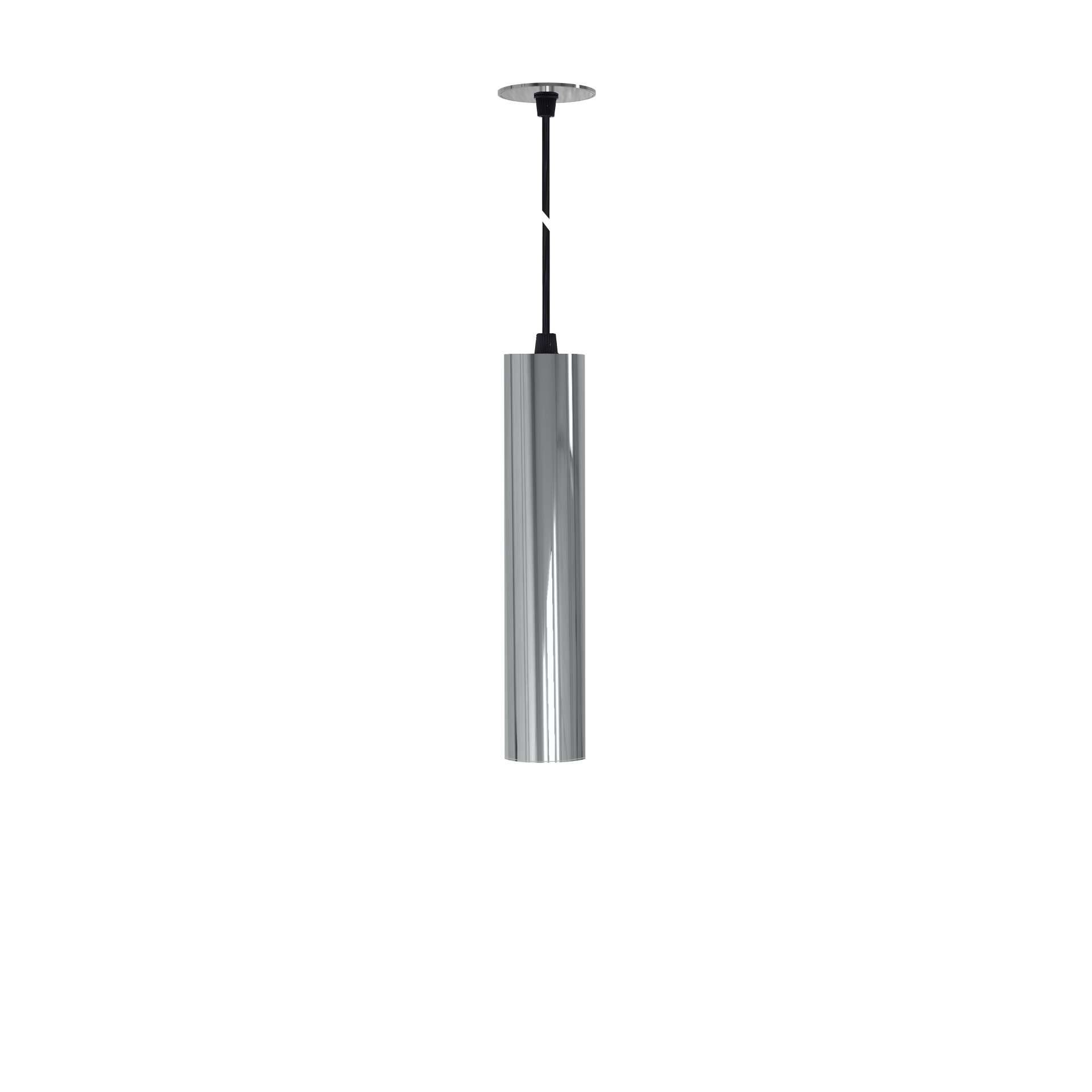 Lampa wisząca Atmos 7 firmy Beneito & Faure, srebrna rura, technologia przełączania 2700K/3200K/4000K, regulowana optyka 15º/38º/60º