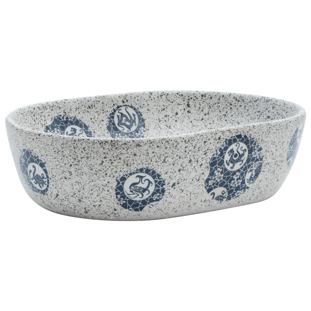 Umywalka Nablatowa Ceramiczna Owalna Szaro-Niebieska do Łazienki 47 cm