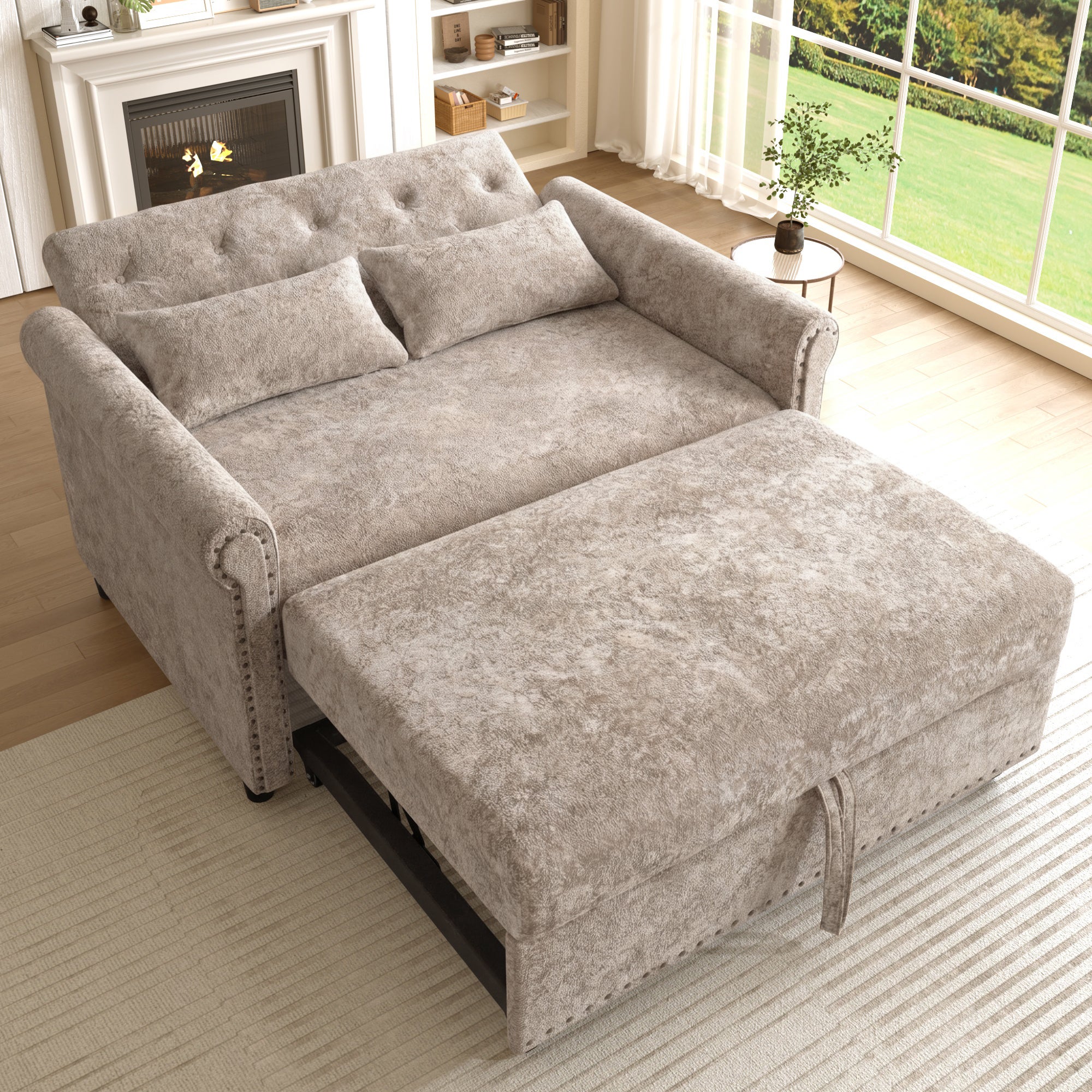 2-osobowa rozkładana sofa Chenille, sofa 3 w 1 z 3-poziomową regulacją oparcia i wysuwaną ramą, łóżko dla gości 170 cm – beżowa