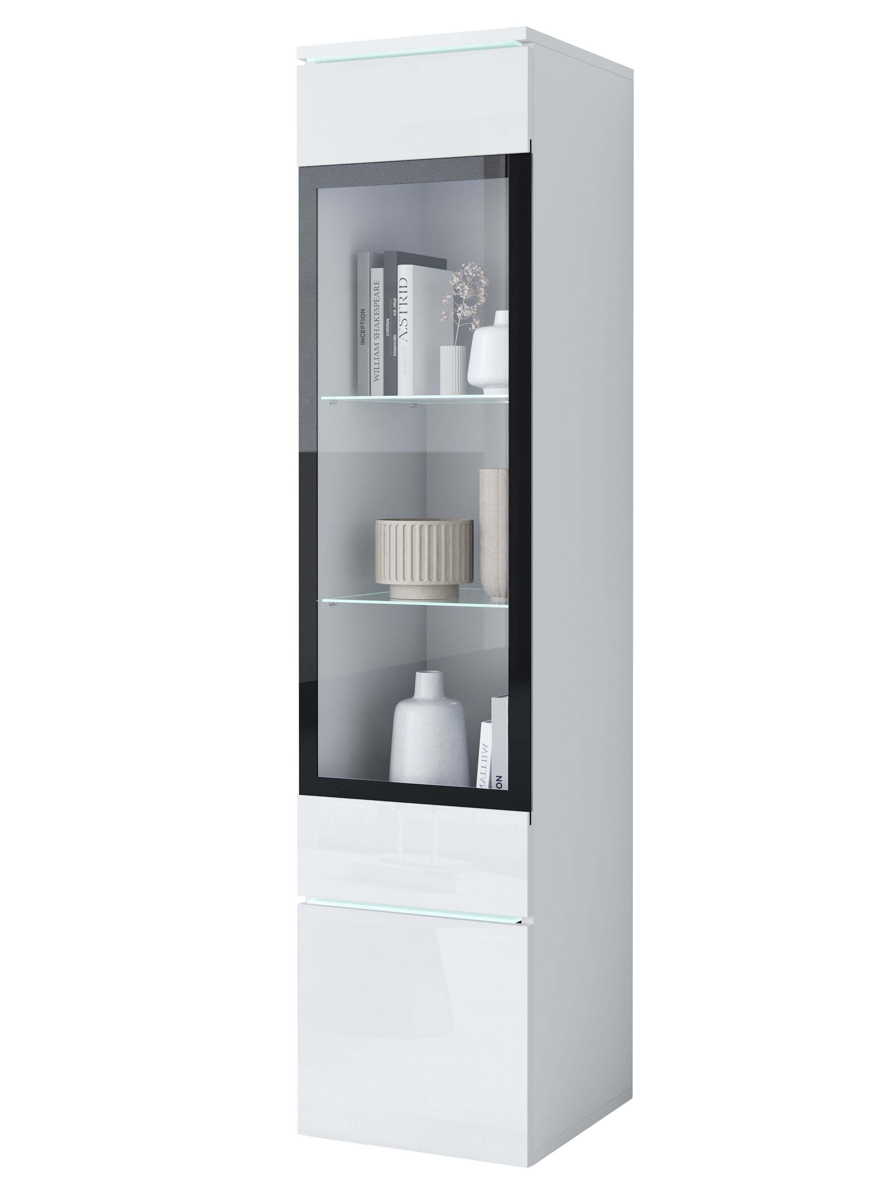 Szafka z przeszkleniem MINIO go for it VEVE 02 z oświetleniem LED, biały/biały połysk 1 szt.