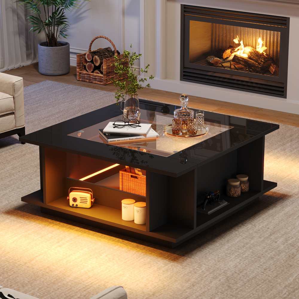 Stolik kawowy Couchtisch LED 70x70x30 cm kwadratowy, połysk, szklany blat, otwarta przestrzeń do przechowywania, płyta wiórowa 30 kg