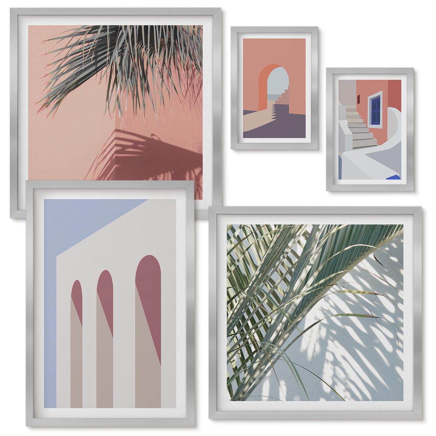 Zestaw obrazów w ramie - 5 części | Ilustracje architektury miejskiej styl minimalistyczny | Srebrna ramka