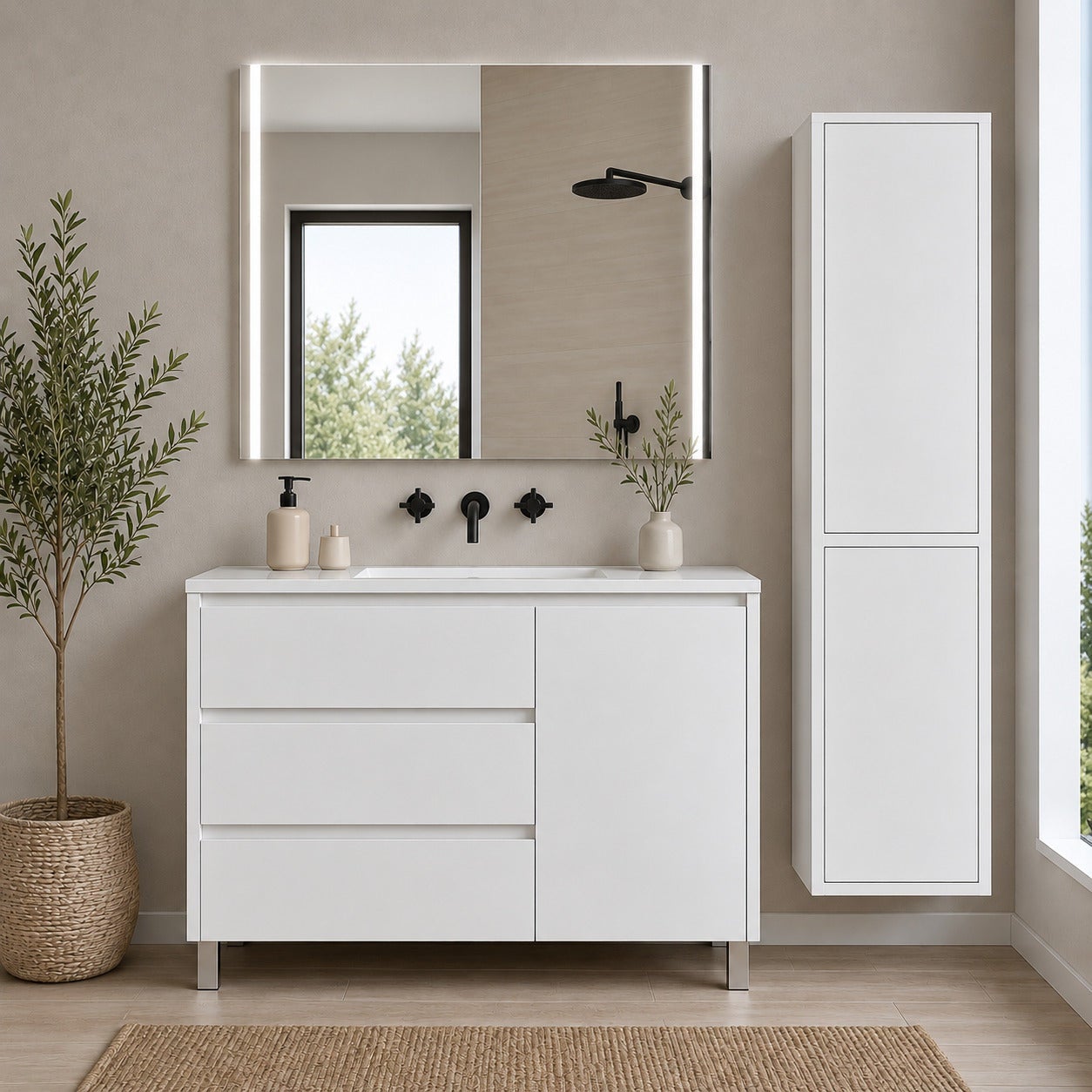 Szafka łazienkowa z 3 szufladami, drzwiami i umywalką ORIGENBATH VOLUM bez lustra 80x45 cm biały z kolumną