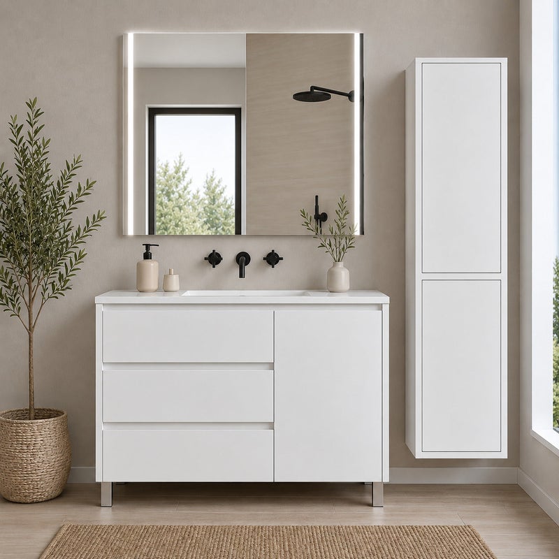 Szafka łazienkowa z 3 szufladami, drzwiami i umywalką ORIGENBATH VOLUM bez lustra 80x45 cm biały z kolumną