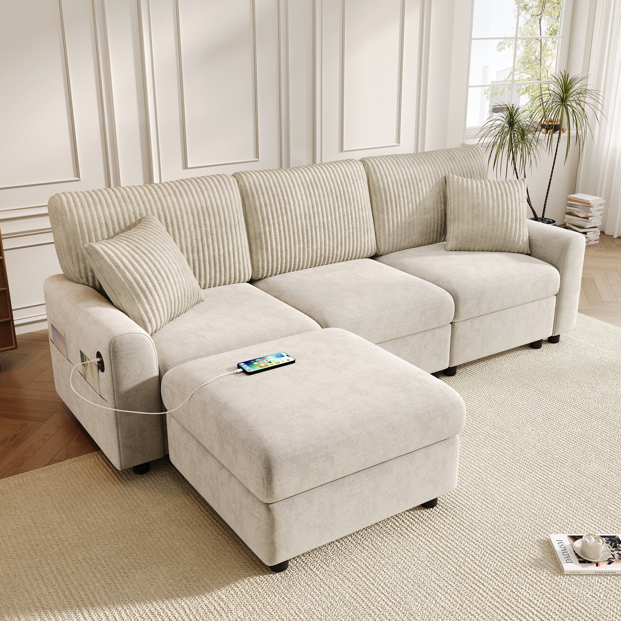 Nowoczesna sofa 223x84x146 cm - z 1 podnóżkiem - z 2 kwadratowymi Poduszki, port USB i port USB-C - Beżowy