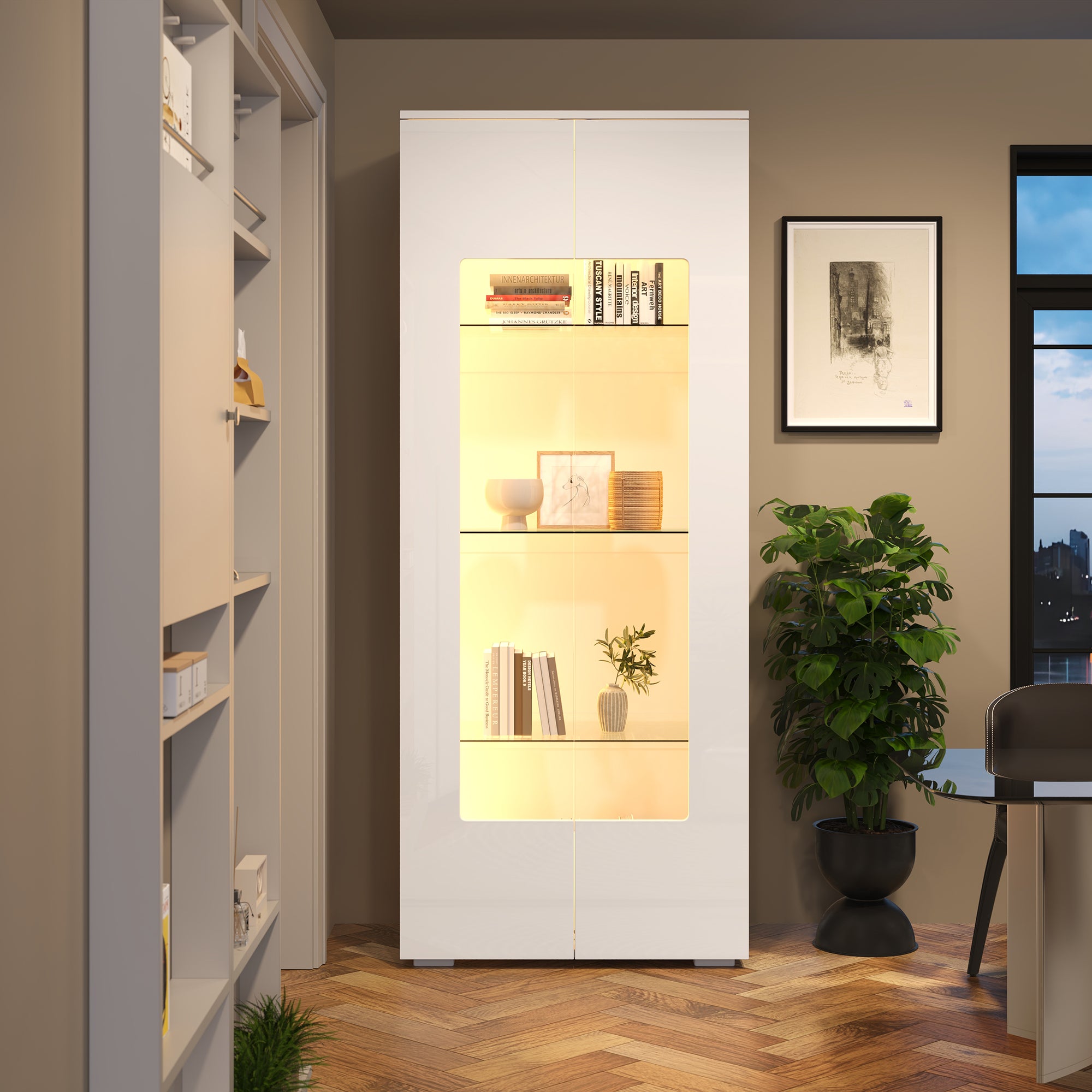 Witryna z połyskiem 70 x 40 x 173 cm - 2 drzwi akrylowe - Z oświetleniem LED - Szkło hartowane - MDF - Biały