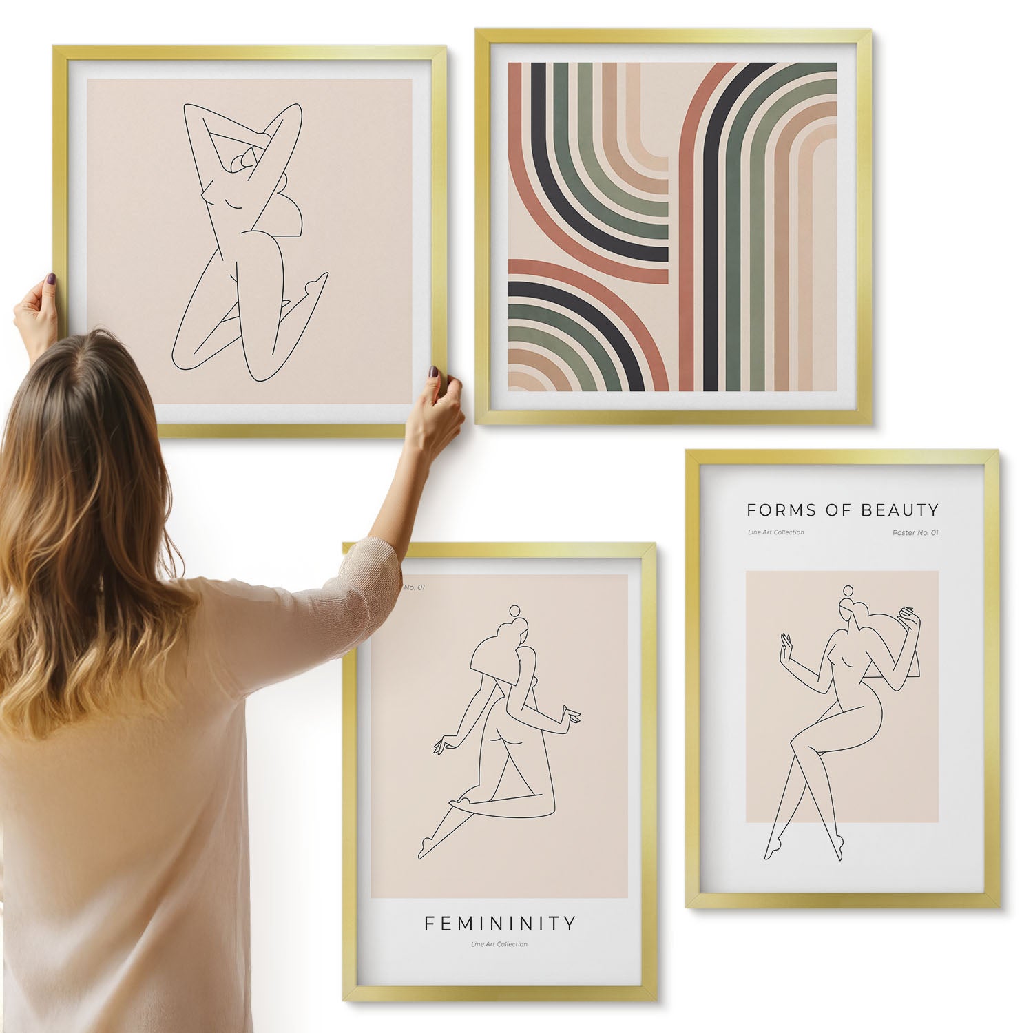 Galeria ścienna 4-częściowy komplet obrazów w złotych ramach - Linearne sylwetki kobiet w minimalistycznych posterach - ArtPrintCave