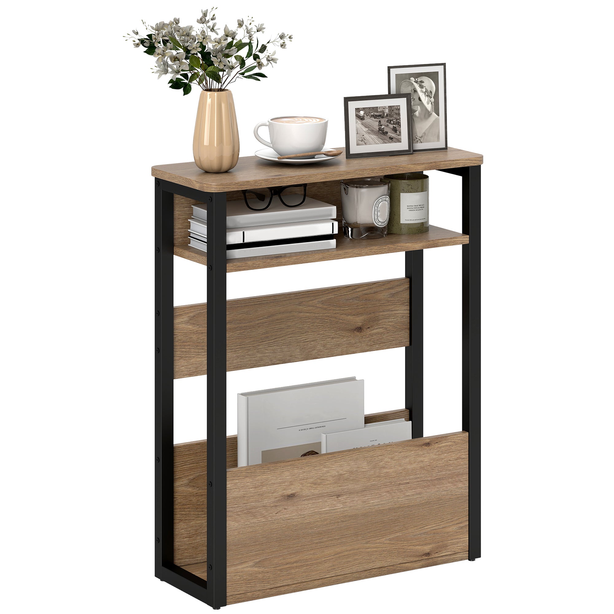 Stolik kawowy w stylu industrialnym z 2 półkami, drewno i metal, 46 x 18 x 58,5 cm, kolor ciemny orzech