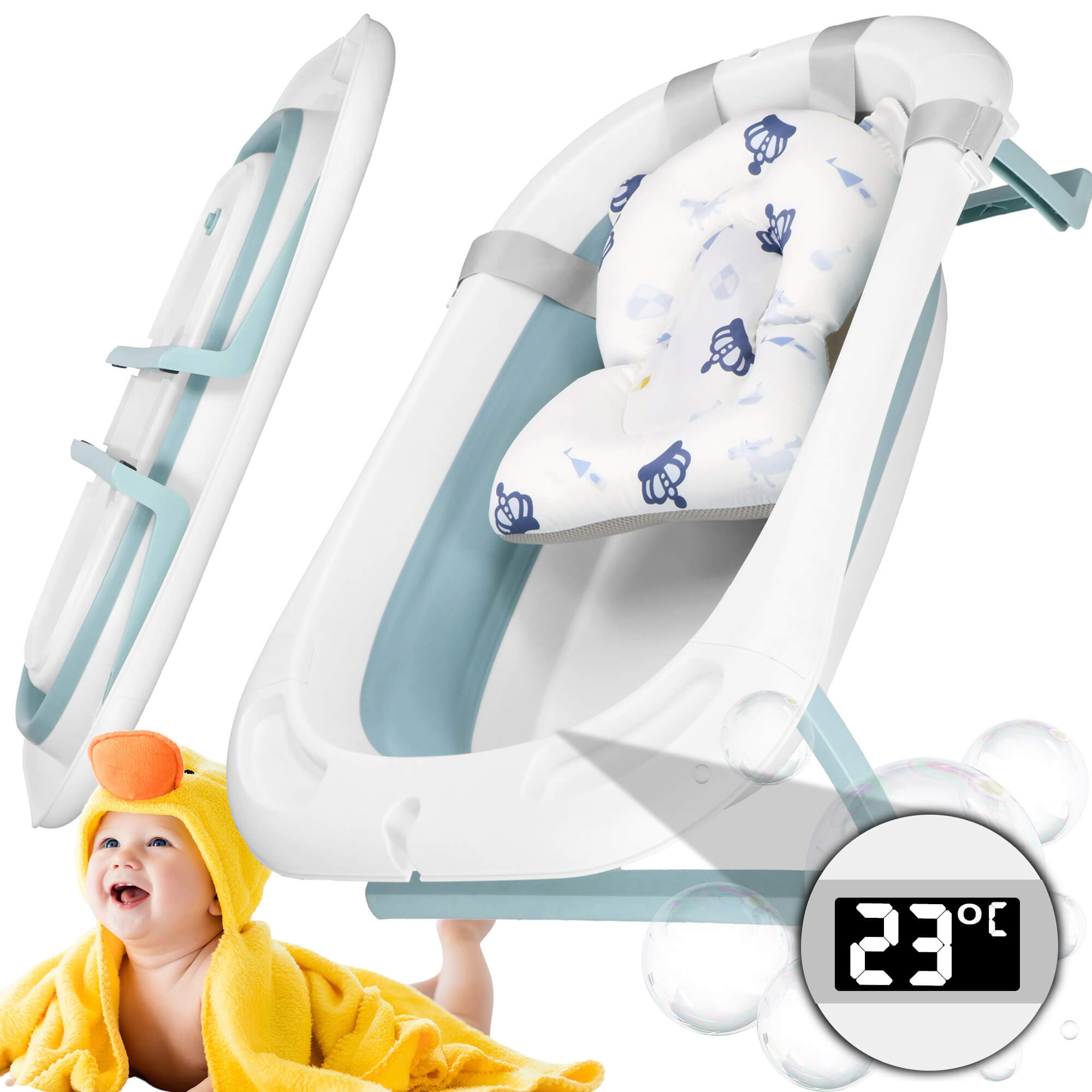 Wanienka dla niemowląt składana 35 L 82x52x22 cm z termometrem i poduszką biało-niebieska