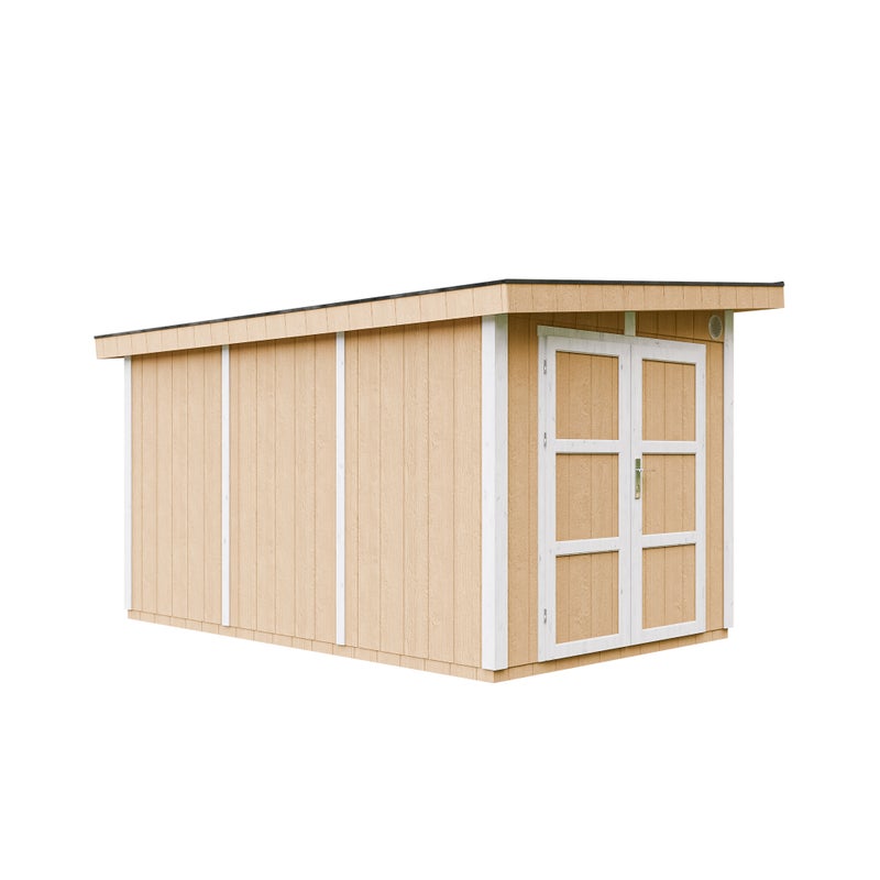 Domek ogrodowy z drewna z płyt LP SmartSide 9 m² - z podłogą i płytkami bitumicznymi Dł. 412 x Szer. 279 x Wys. 237 cm - Timbela M904A - miód żniwny