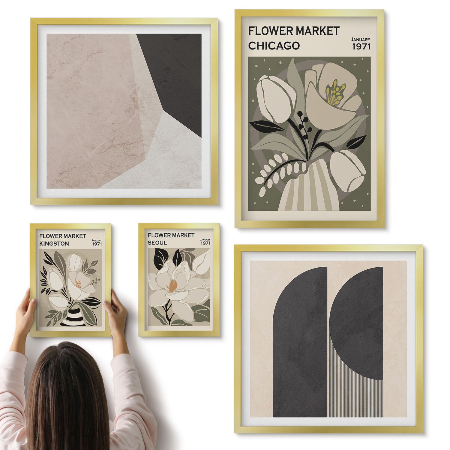 Galeria ścienna 5-częściowy komplet obrazów w złotych ramach - Stylowe kompozycje z motywem kwiatowym i geometrycznym - ArtPrintCave