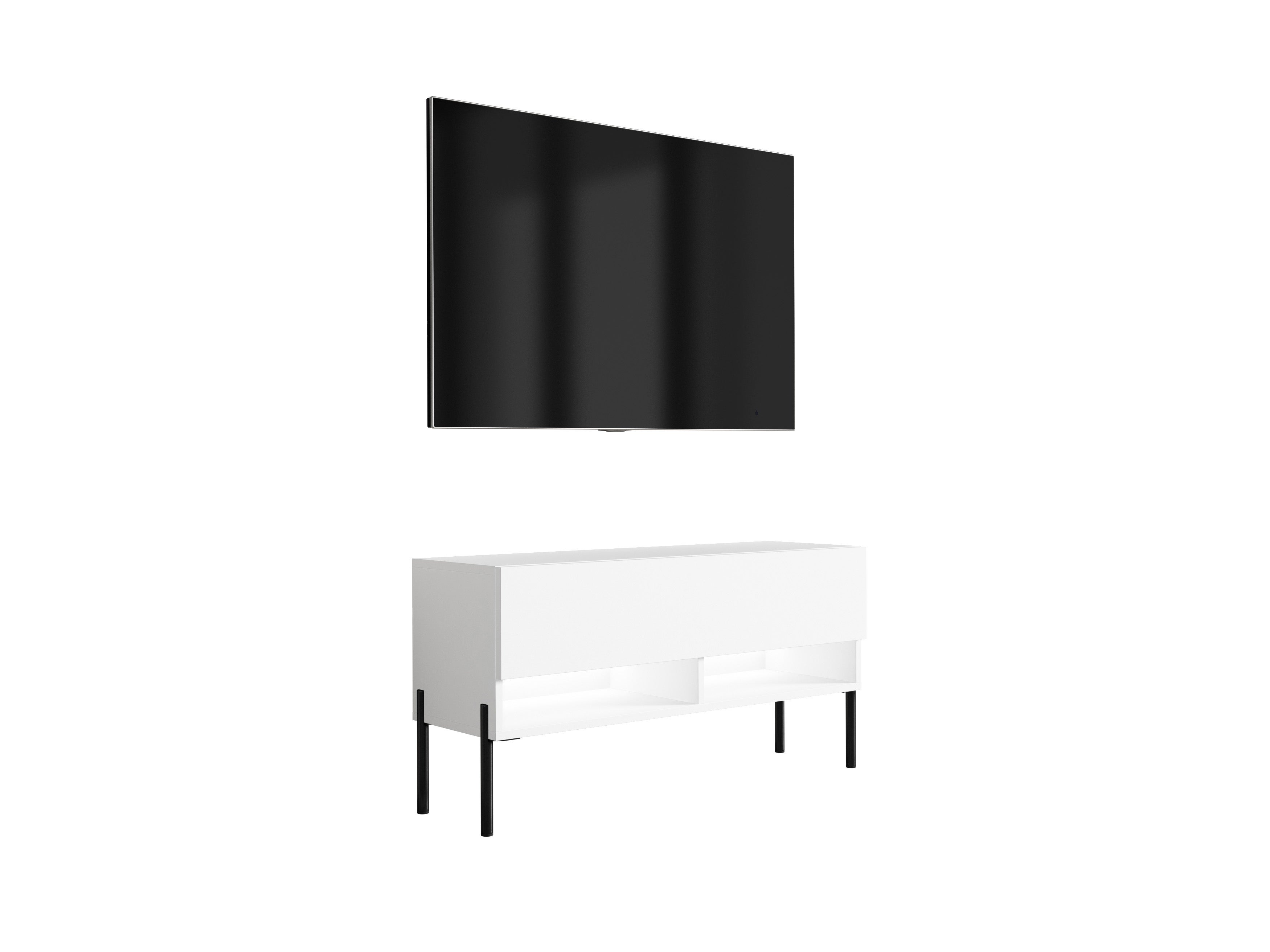 Szafka pod telewizor 100 cm Biały Mat, nóżki proste czarne, LED biały, 100 × 32 × 52 cm