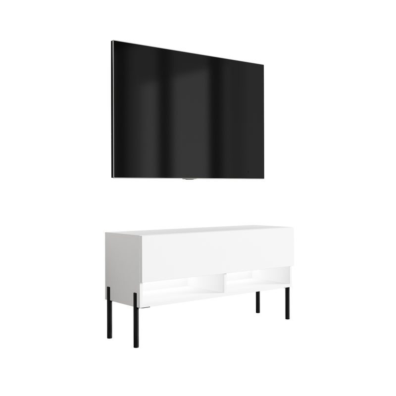 Szafka pod telewizor 100 cm Biały Mat, nóżki proste czarne, LED biały, 100 × 32 × 52 cm