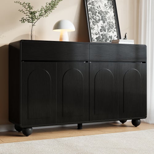 Nowoczesna komoda 140 x 38 x 89 cm - 2 szuflady i 4 drzwi - Nogi metalowe okrągłe - Drzwi łukowe - Płyta MDF - Kolor czarny