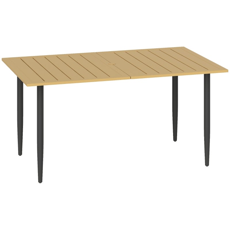 Stół ogrodowy 150x90cm, odporny na warunki atmosferyczne stół balkonowy ze stali, stół balkonowy z otworem na parasol brązowy, stały stół ogrodowy