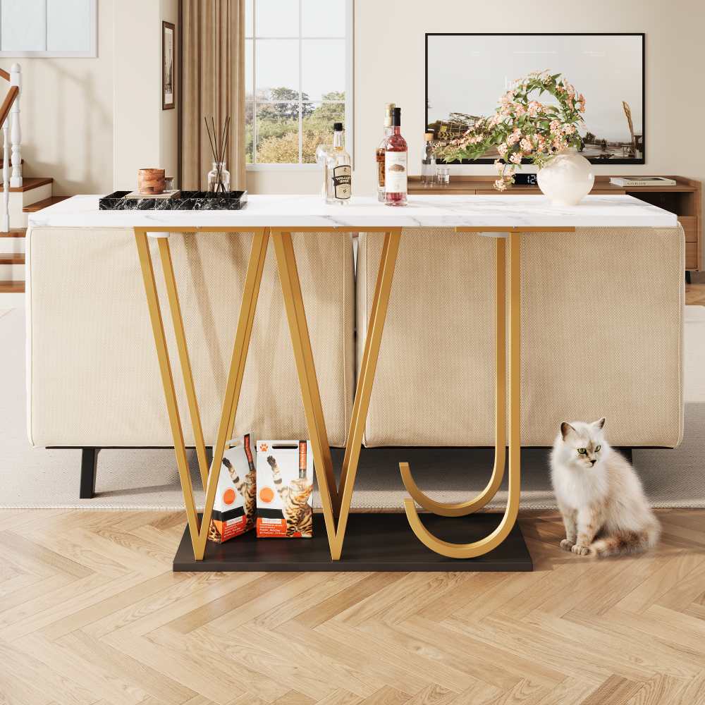 Wąski stolik konsolowy z płyty MDF imitującej marmur, 120×29,5 cm, z metalową ramą; uniwersalny stolik do przedpokoju, kuchni i na balkon