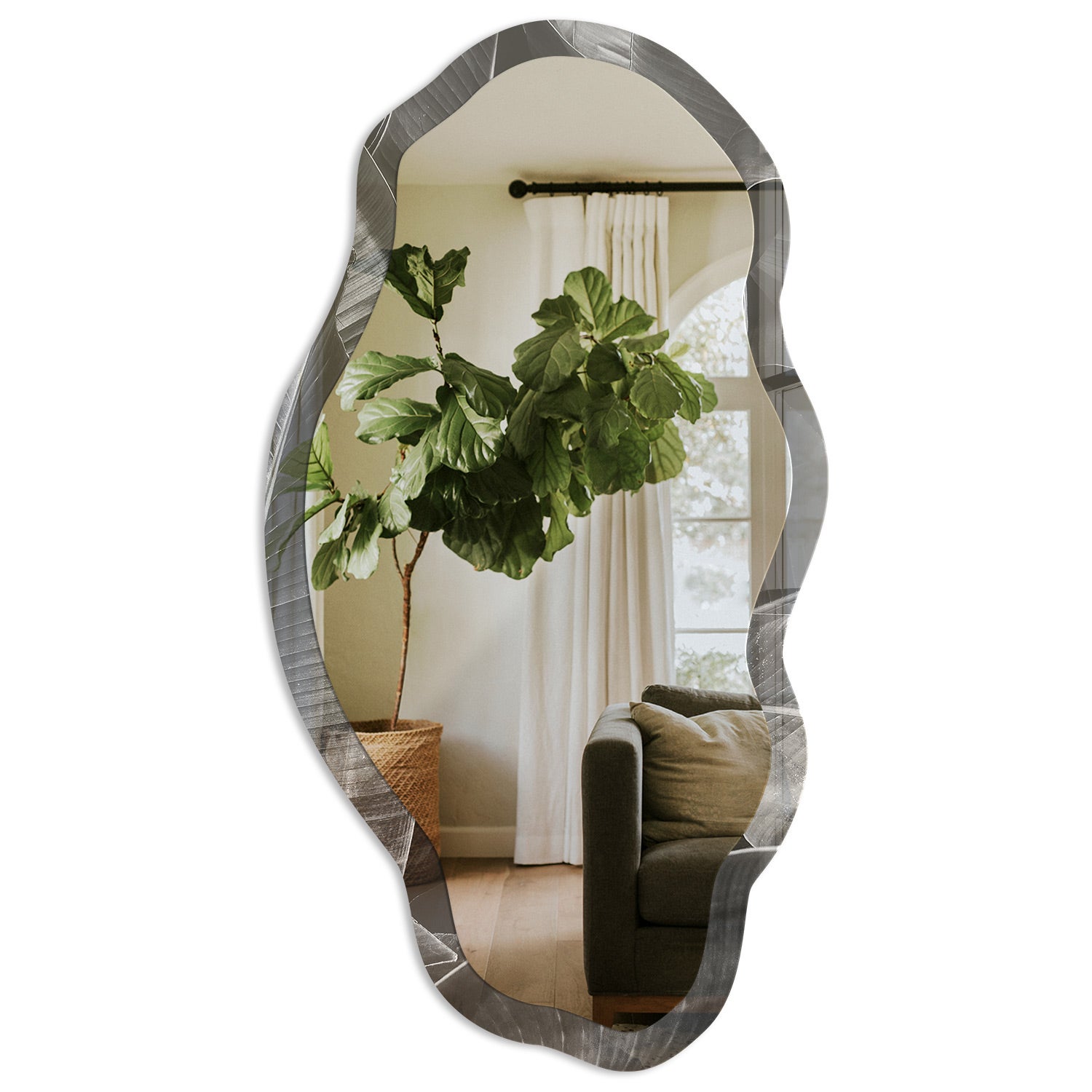 Minimalistyczne lustro ścienne z hartowaną ramą szklaną i wzorem - Tropikalna elegancja 52x97cm