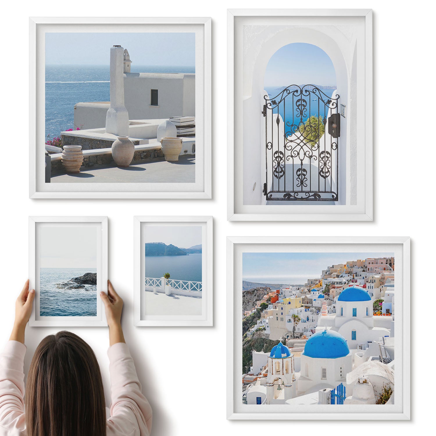 Galeria ścienna 5-częściowy komplet obrazów w białych ramach - Grecja w stylu śródziemnomorskim widoki na morze i architekturę - ArtPrintCave