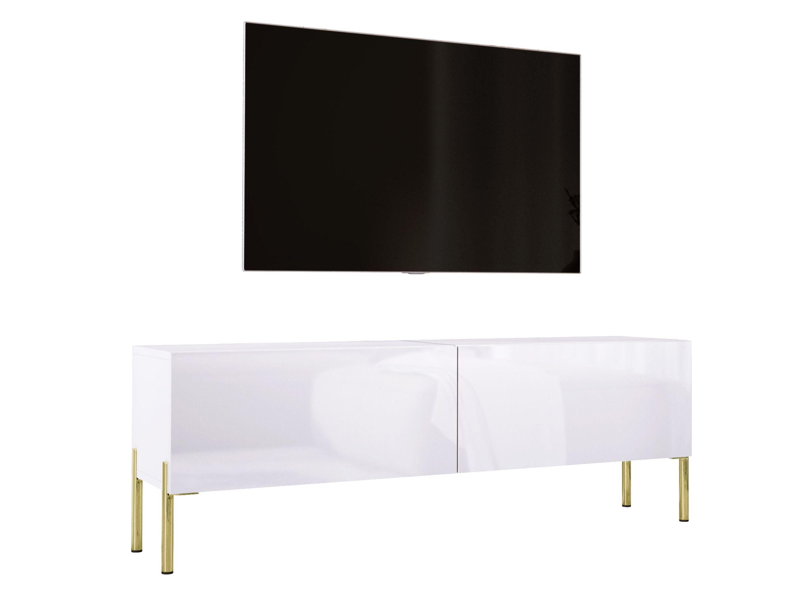 Szafka RTV: Biały Matowy / Biały Błyszczący, złote nogi, 140 x 52 x 32 cm