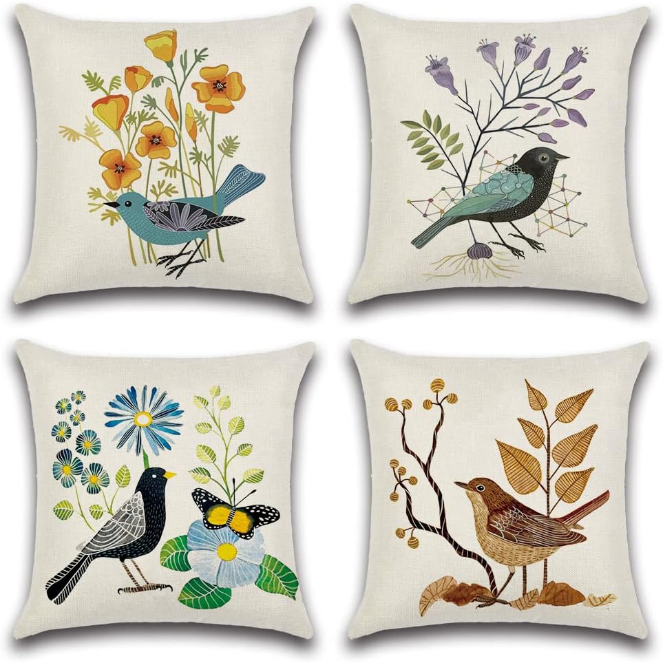 Zestaw 4 poszewek na poduszki z motywem kwiatów i ptaków 45 x 45 cm, poszewka na poduszkę na sofę, do salonu, sypialni, dekoracja
