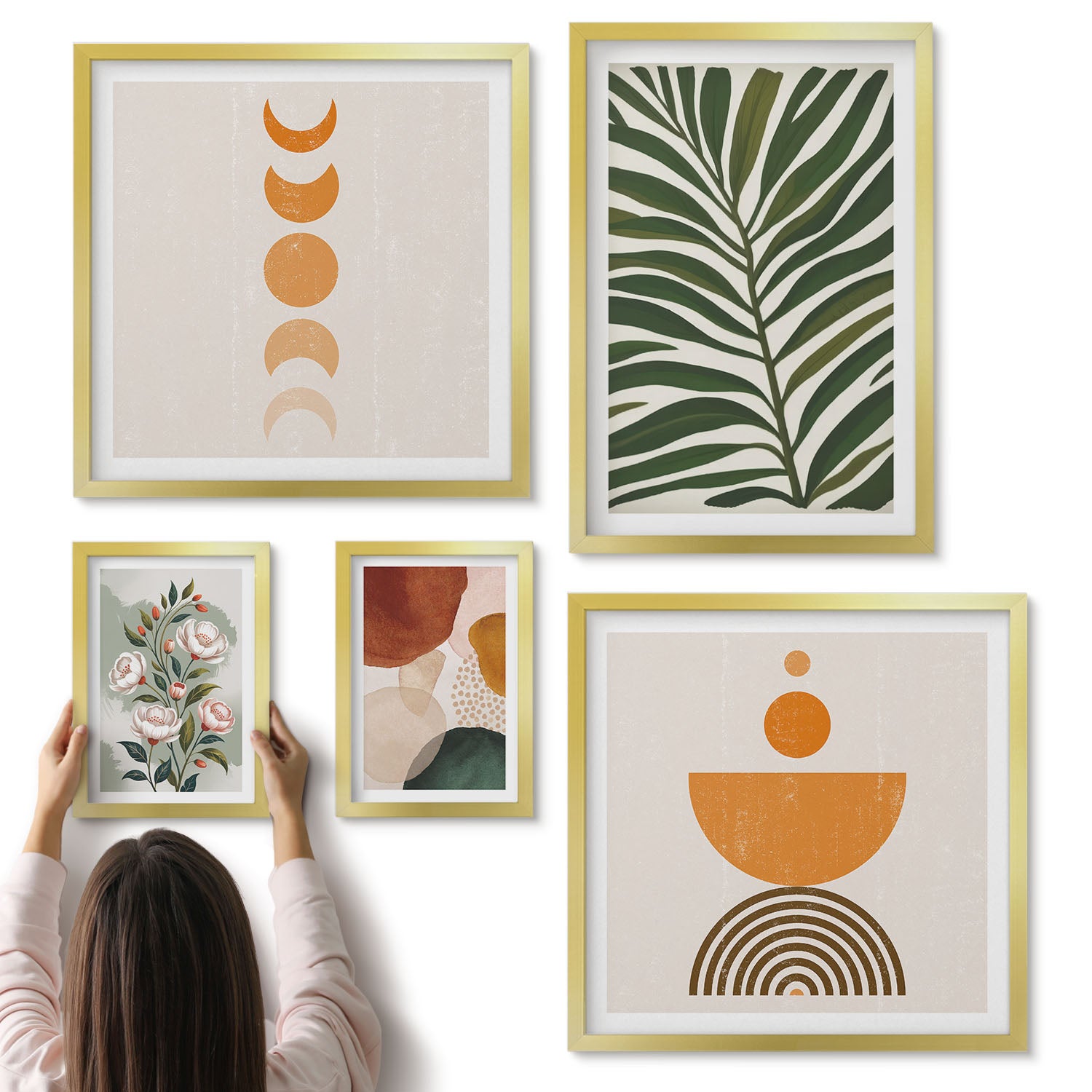 Galeria ścienna 5-częściowy komplet obrazów w złotych ramach - Roślinne wzory i abstrakcyjne kształty w stylu boho - ArtPrintCave