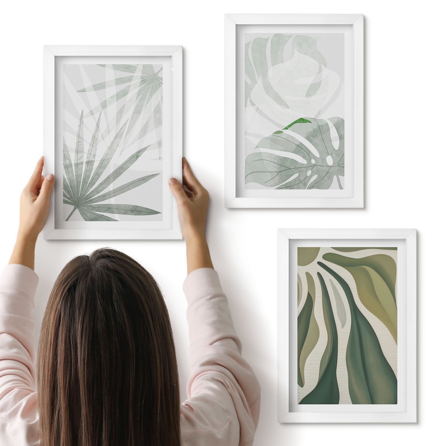 Galeria ścienna 3-częściowy komplet obrazów w białych ramach - Liście roślin w odcieniach zieleni i szarości - ArtPrintCave
