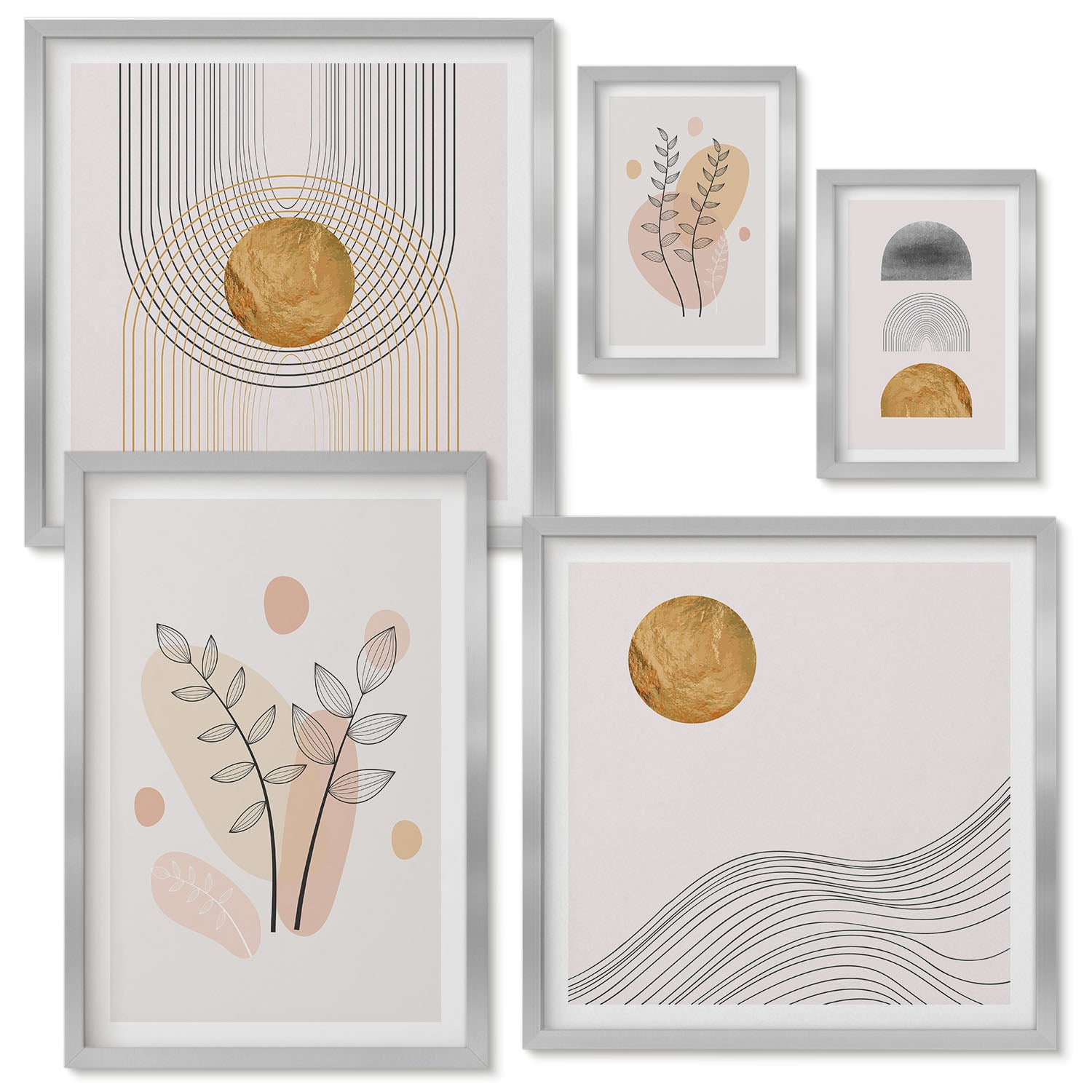 Zestaw obrazów w ramie - 5 części | Stylowe dekoracje w minimalistycznym designie z roślinami | Srebrna ramka